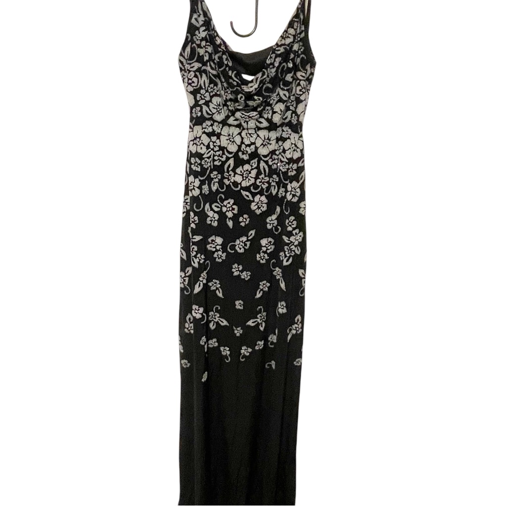 Tadashi Shoji Floral Beaded Black Low Back Full Length Gown Petite Large New